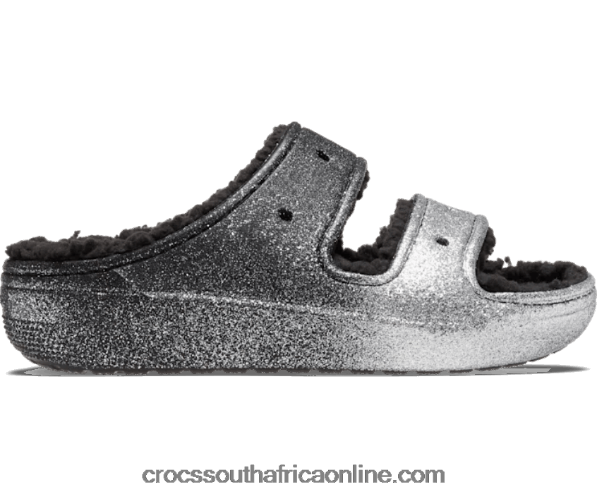 Women Classic Cozzzy Glitter Sandal Black/Silver Crocs FBL6TX490