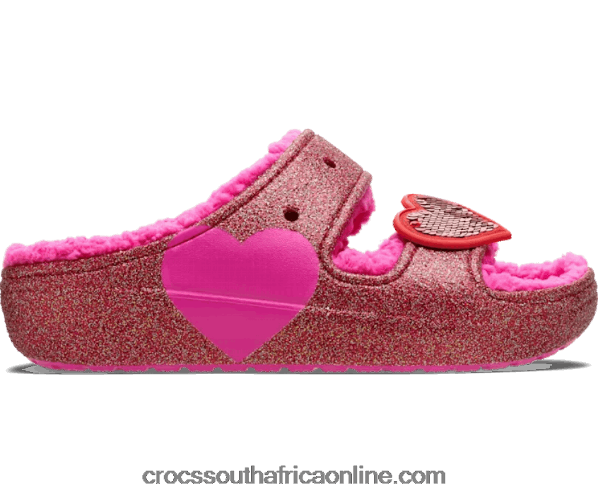 Women Classic Cozzzy Pink Glitter Heart Sandal Juice Crocs FBL6TX405
